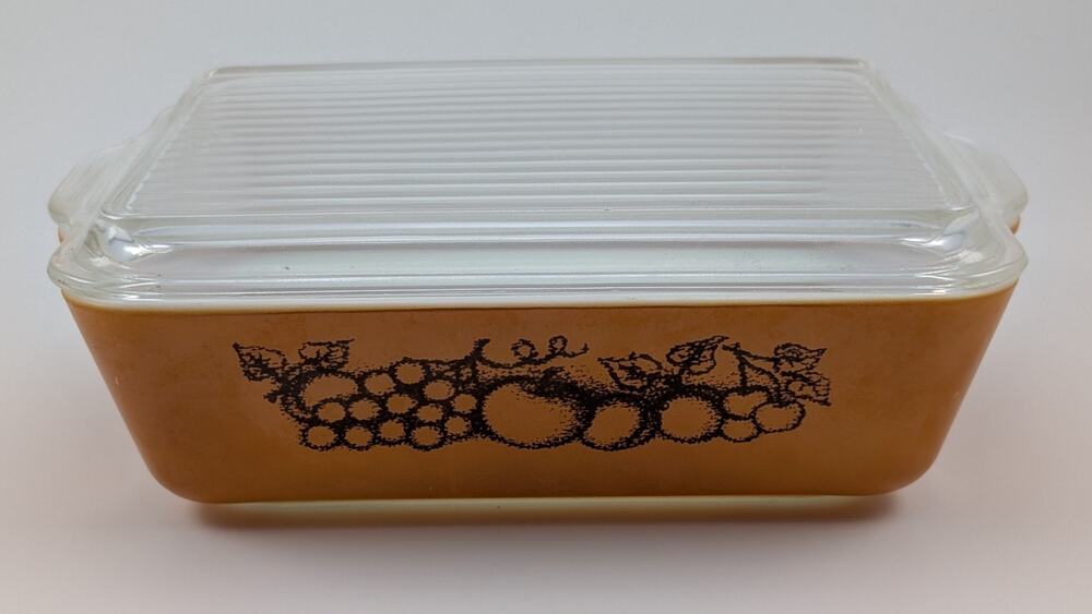 VTG Pyrex #503 “OLD ORCHARD” 1.5 QT Refrigerator Casserole Dish RIBBED LID